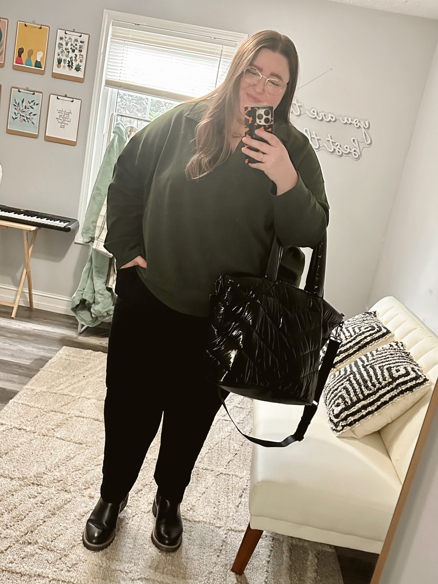 Casual plus size OOTD. LOVE this pullover from Target (4X). I now have it in 2 colors and want more. Paired it with my favorite comfy pants (linked similar), my boots from Lane Bryant (linked similar), a necklace from Target, a puffy tote bag from Walmart, and glasses from Warby Parker!

#LTKstyletip #LTKFind #LTKcurves
