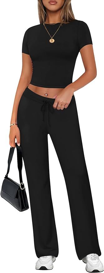 ZESCA Women's 2 Piece Lounge Sets Casual Y2K Outfits Short Sleeve Crop Top Pants Comfy Loungewear | Amazon (US)