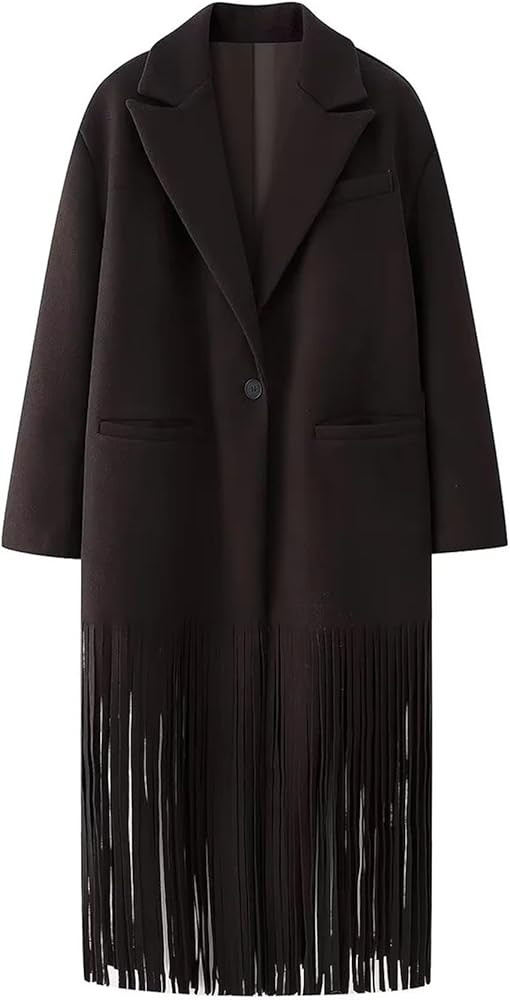 Gihuo Women's Long Coat Notch Lapel Single-Breasted Jacket with Fringe Hem | Amazon (US)