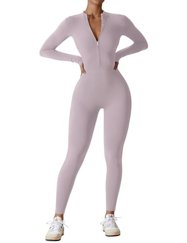 YEOREO Women Long Sleeve Workout Jumpsuit Zip Up Romper Bottom Pants Bodysuit Bodycon Sexy One Piece Purple M | Amazon (US)