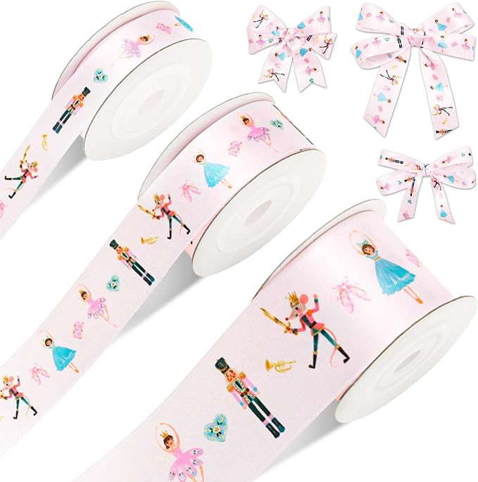 3 Rolls Christmas Ribbon Nutcracker Ballet Satin Ribbon Xmas Pink Fabric Craft Ribbons for Gift W... | Amazon (US)