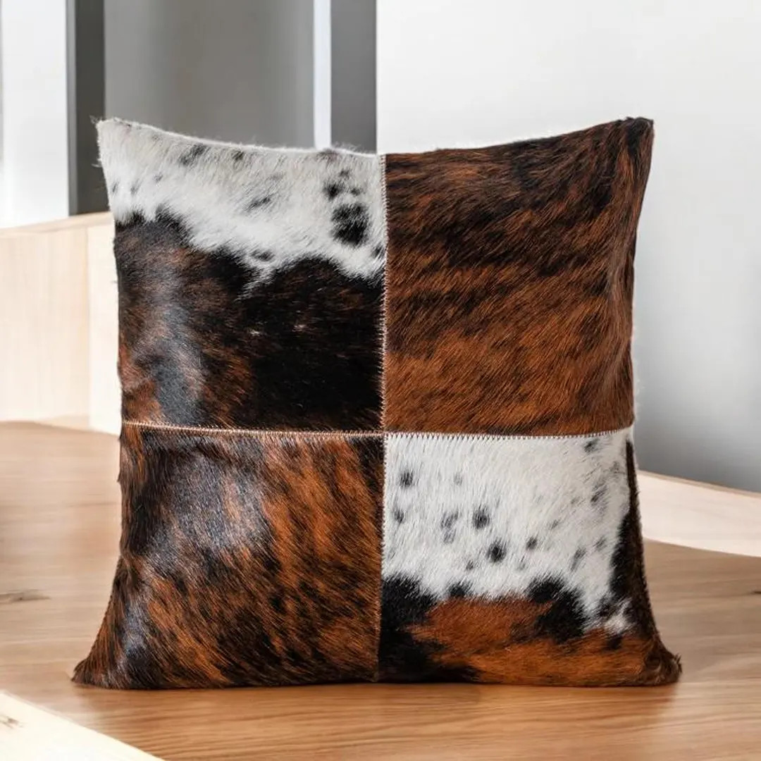 Handmade Set of 2 Cowhide Tricolor Patchwork Pillow - Farmhouse Rustic Elegance | Etsy (US)