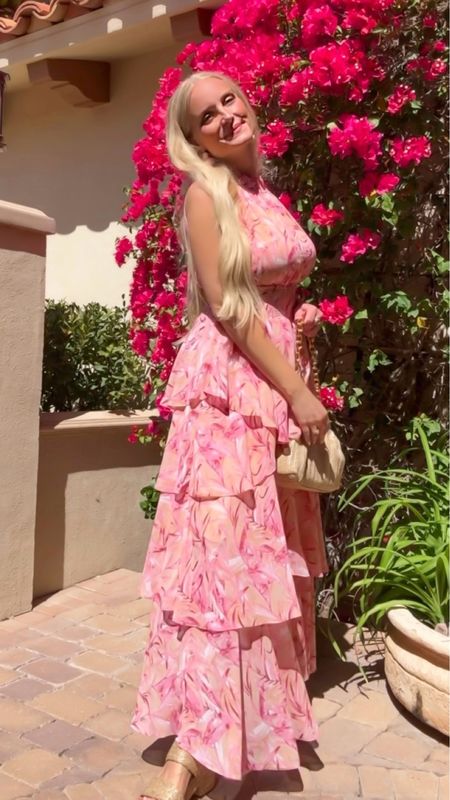 This beautiful tiered, pink floral maxi dress is absolutely stunning in person. So fun to twirl with all these lovely ruffles. This dress is perfect for a spring or summer wedding. I might wear it to the horse races this month too!  

#LTKFindsUnder100 #LTKStyleTip #LTKParties