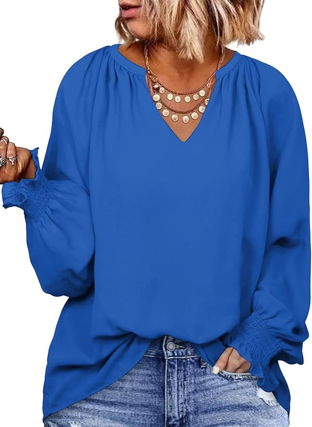 Eytino Womens Plus Size Tops Sexy V Neck Smocked Long Sleeve Casual Chiffon Blouse Flowy Work Shi... | Amazon (US)