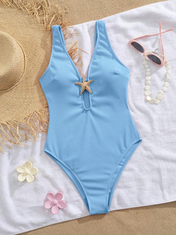 Swim Mod Women's New One-Piece Swimsuit, Circular Cut Criss-Cross Design, Metal Starfish Decor, One-Piece Tummy Control Effect Ladies Swimwear For Summer Beach Vacation | SHEIN