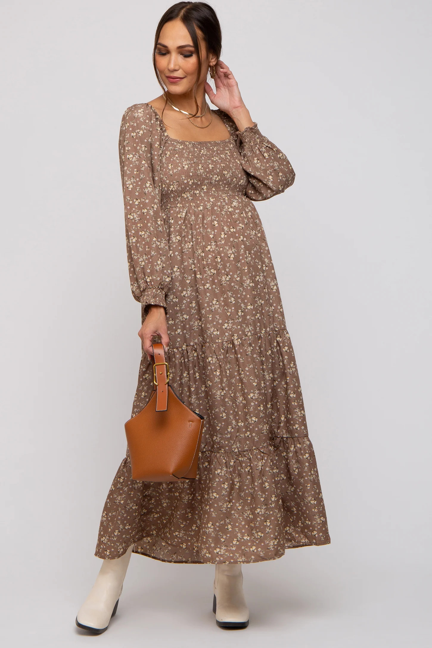 Mocha Floral Smocked Long Sleeve Maternity Maxi Dress | PinkBlush Maternity