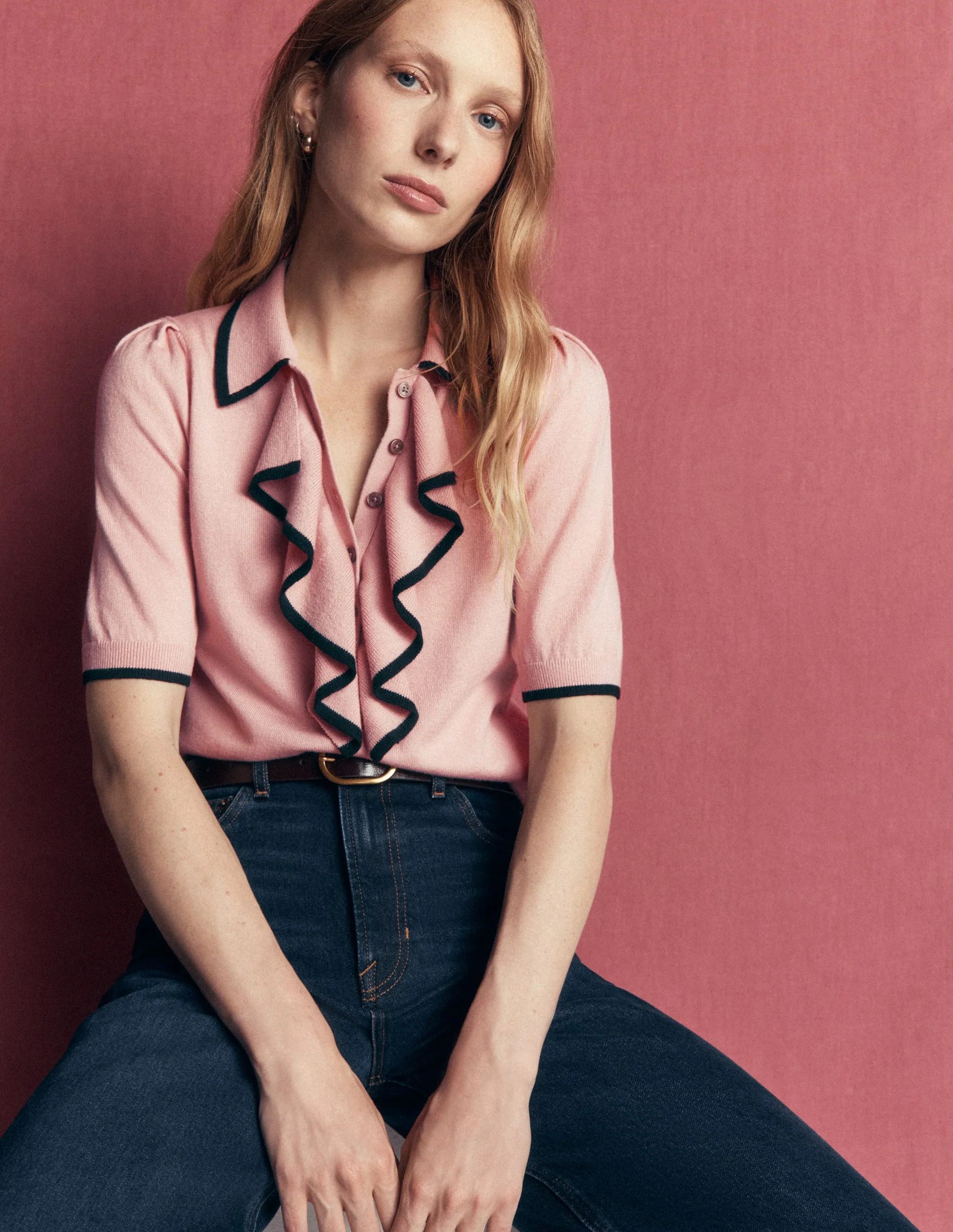 Ruffle Collar Knitted T-Shirt-Blush Ivory | Boden (US)