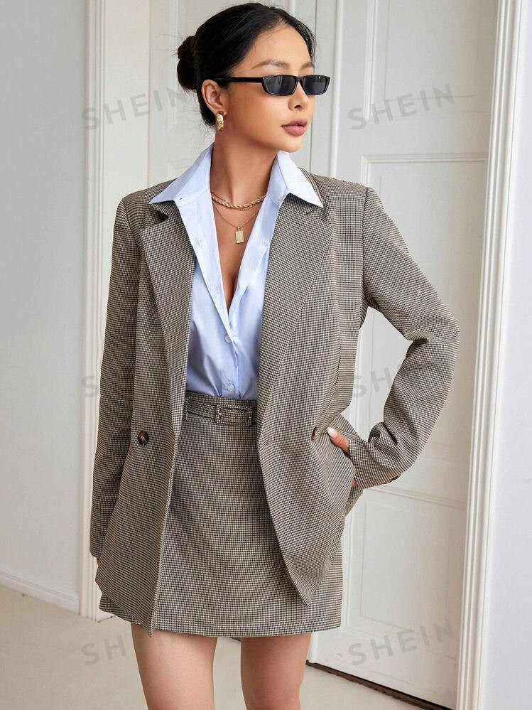 SHEIN Essnce Houndstooth Print Double Button Blazer & Skirt  | SHEIN EUQS | SHEIN
