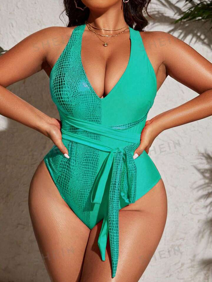 SHEIN Swim Event Plus Summer Beach Crocodile Print Crisscross Knot Front One Piece Swimsuit | SHEIN