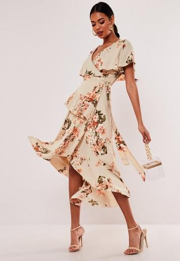 Nude Floral Wrap Midi Dress | Missguided (US & CA)