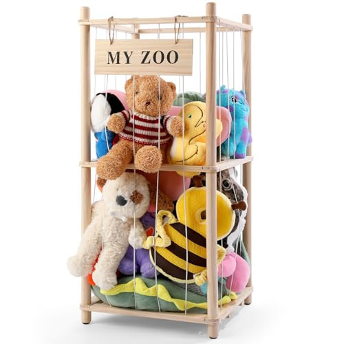 GLDZI Stuffed Animal Storage Zoo, Wooden Stuffed Animal Organizer with Elastic Cords for Boys Girls, Space Saving Toy Plushies Storage Holder for Playroom, Bedroom, Living Room (Burlywood, Small) | Amazon (US)