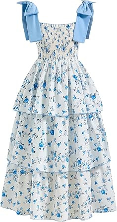 Verdusa Girl's Ditsy Floral Summer Dresses Layered Ruffle Tie Shoulder Cute Easter Sun Midi Dress | Amazon (US)