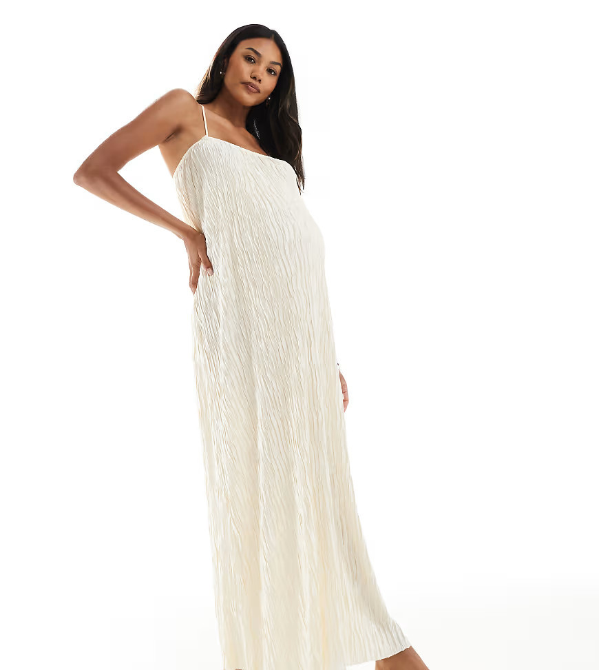 Vero Moda Maternity textured plisse cami maxi dress in birch cream-White | ASOS (Global)