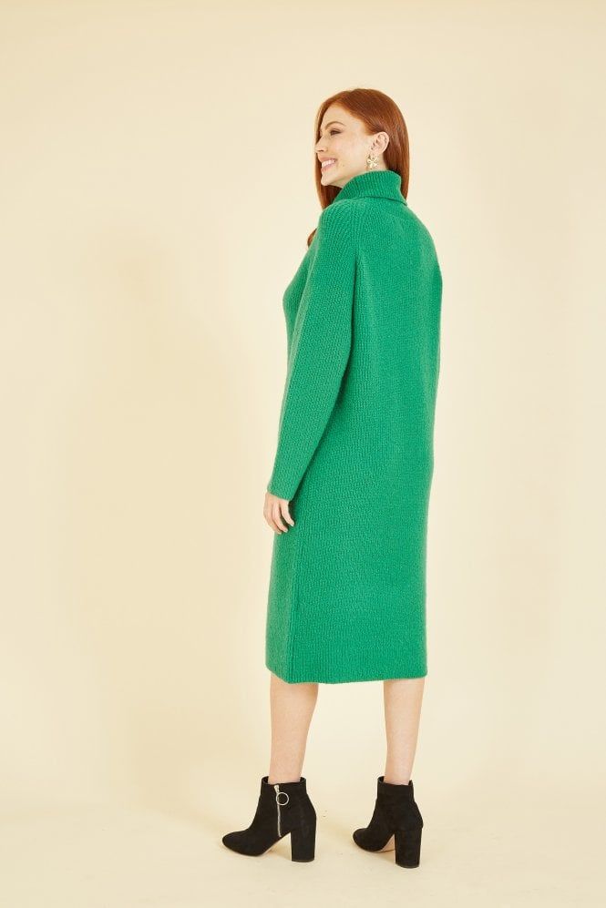Yumi Green Roll Neck Knitted Midi Jumper Dress | Yumi