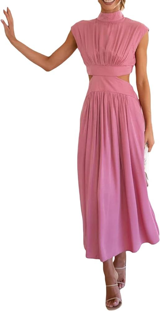 Summer Casual Dress Sleeveless Mock Neck Hollow Cutout High Waist A-Line Long Dress Ruched Pleated Flowy Sundress | Amazon (US)