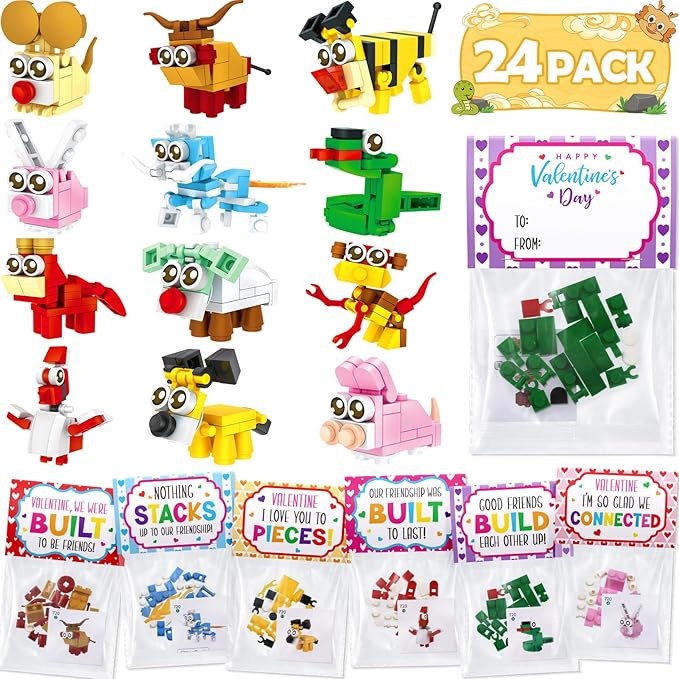 Valentines Day Gifts for Kids - 24 Packs Animals Building Blocks Toys with Kids Valentines Day Ca... | Amazon (US)