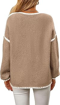 KIRUNDO Womens Sweaters 2024 Fall Oversized Long Sleeve Chunky Knit Crew Neck Contrast Stitching ... | Amazon (US)