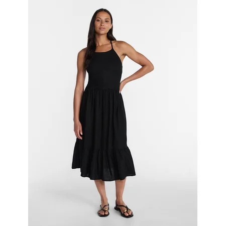 Time and Tru Women's Linen Blend Lace Up Halter Dress, Sizes XS-XXXL | Walmart (US)