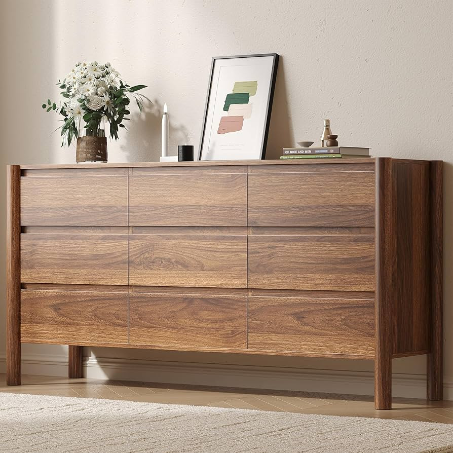 CHUWELL Walnut Dresser for Bedroom, 63" Wide Mid Century Modern Chest of Drawers with 9 Large Sto... | Amazon (US)
