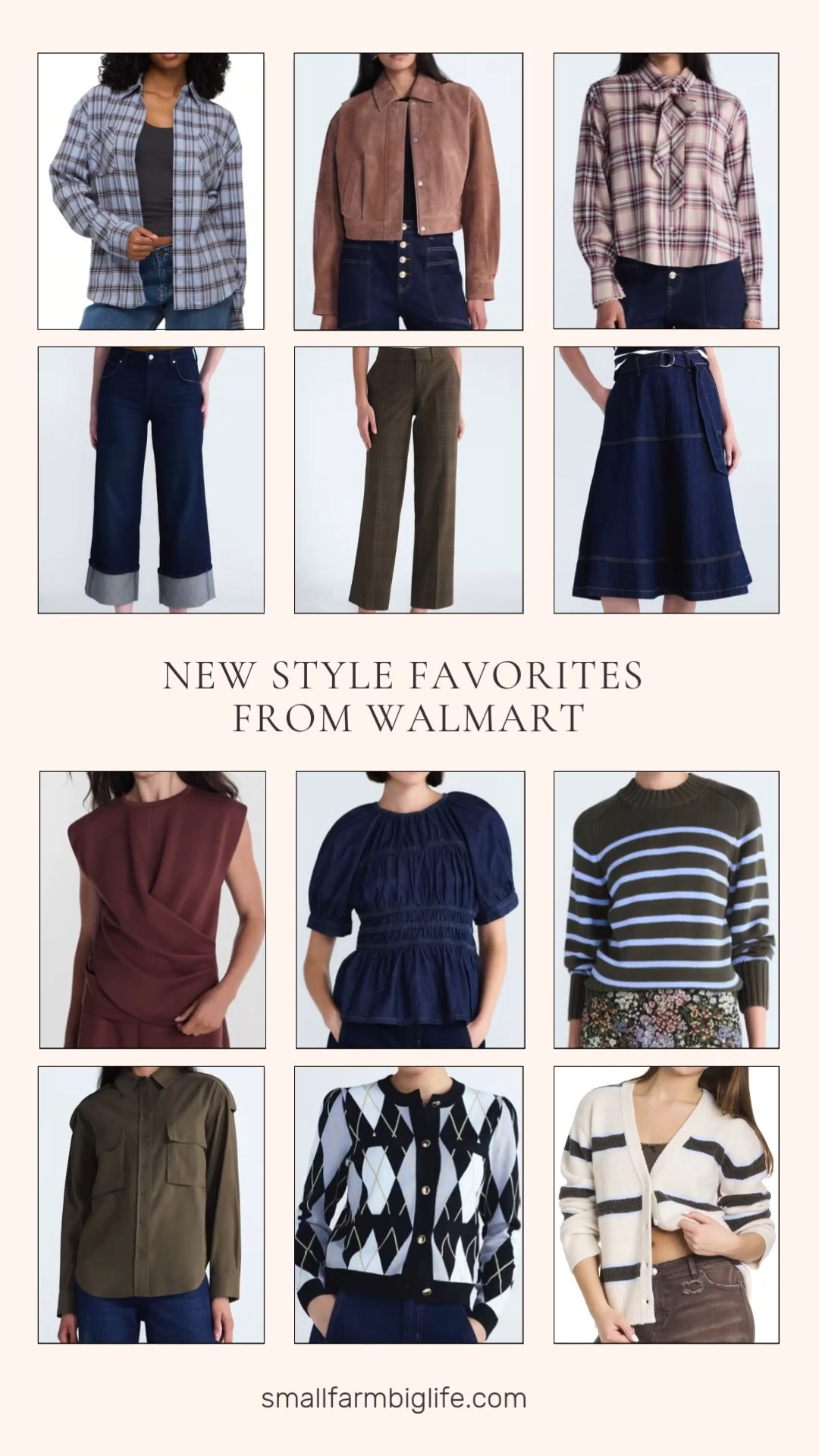 New style favorites just dropped at Walmart, and this collection has such an easy mix of pieces for autumn outfits.

The blue and brown plaid Forever 21 Oversized Flannel Shirt is such a great layering piece, and the tan wine red and black Scoop Plaid Bow Shirt has a fun, feminine detail perfect for business casual workwear. The dusty wine red Avia ScubaKnit Wrap Top is a nice lightweight option, and the dark rinse Free Assembly Smocked Denim Top with a peplum hem brings such a flattering, structured silhouette.

For bottoms, the dark blue wash Scoop Mid Rise Cuffed Wide Leg Jean and the brown plaid Scoop Low Rise Crease Trousers are both great everyday staples, and the dark wash Free Assembly Belted Denim Panel Skirt is such an easy transitional piece.

On the sweater side, the black and light blue Free Assembly Argyle Cardigan with puff sleeves has such a fun, preppy detail, and the smokey olive and light blue striped and dusty olive Free Assembly Cropped Mock Neck Sweaters are both soft, midweight layering pieces. The cream Mills by Millie Bobby Brown Wide Stripe Cardigan rounds things out with a cozy, elevated feel.

Finishing off the look, the brown Scoop Cropped Suede Jacket is such a great outerwear piece to top off any of these outfits.

So many great new pieces to shop for fall, all linked for you.

#walmartfashion #fallfashion #falloutfits #autumnoutfits #businesscasual 

 #LTKootd #LTKOver40 #LTKWorkwear