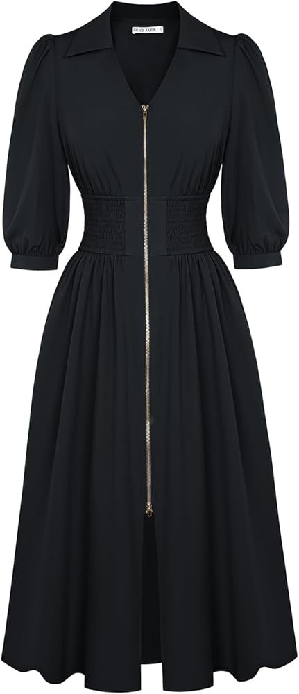 GRACE KARIN Women Fall Midi Dress 2025 A Line Smocked Work Dress Fit and Flare V Neck Zipper 3/4 ... | Amazon (US)