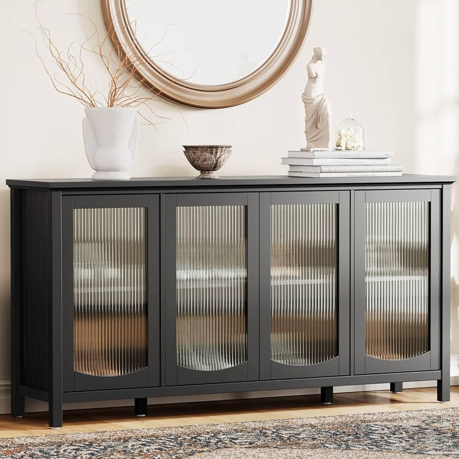 SICOTAS Sideboard Buffet Cabinet, Credenza 64" Long Storage Cabinet with 4 Fluted Glass Doors, Pa... | Amazon (US)