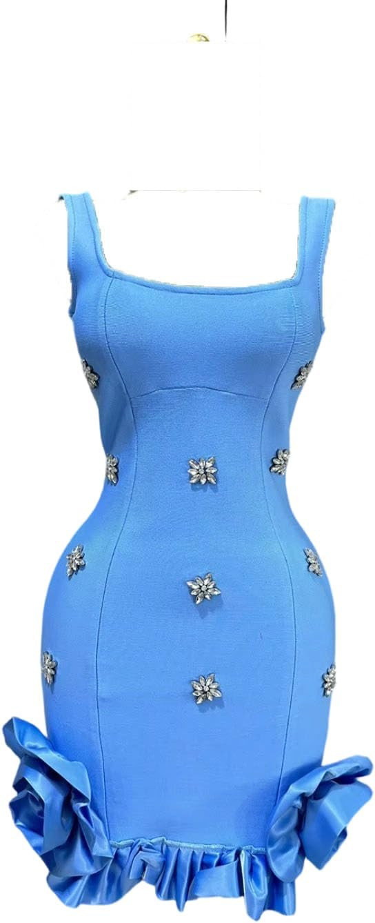 Women's Summer Bandage Dress — Strappy Square Neck, Floral Appliqué Hem, Slim-Fit Bodycon Mini Dress — Party Dress | Amazon (US)