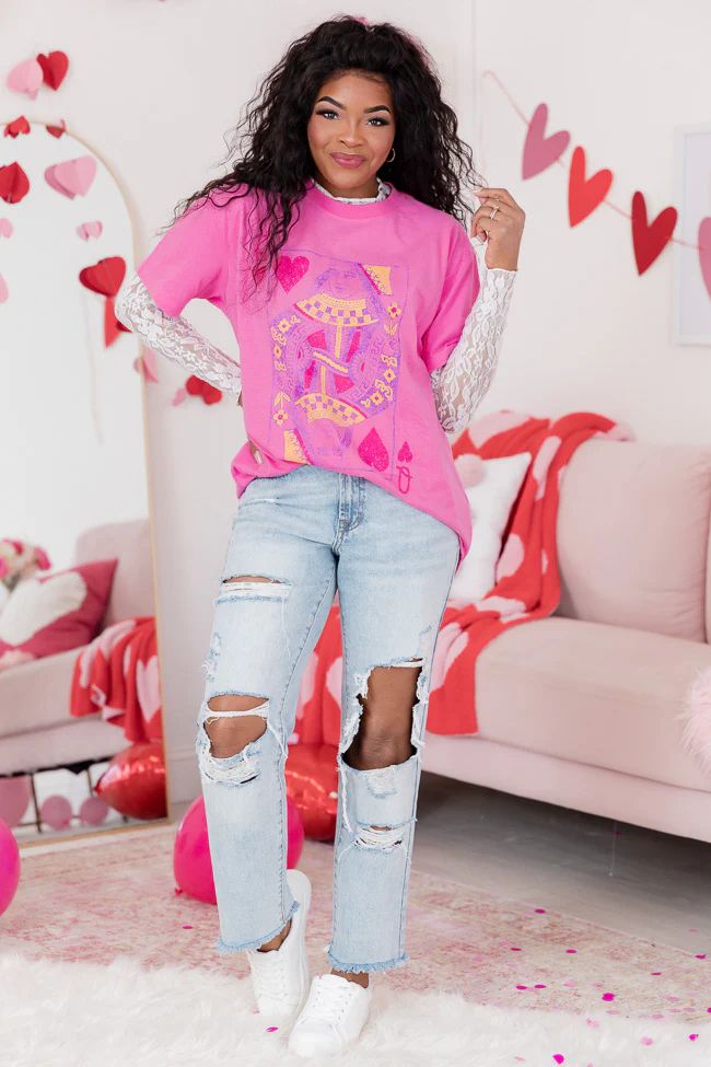 Queen of Hearts Hot Pink Oversized Graphic Tee FINAL SALE | Pink Lily