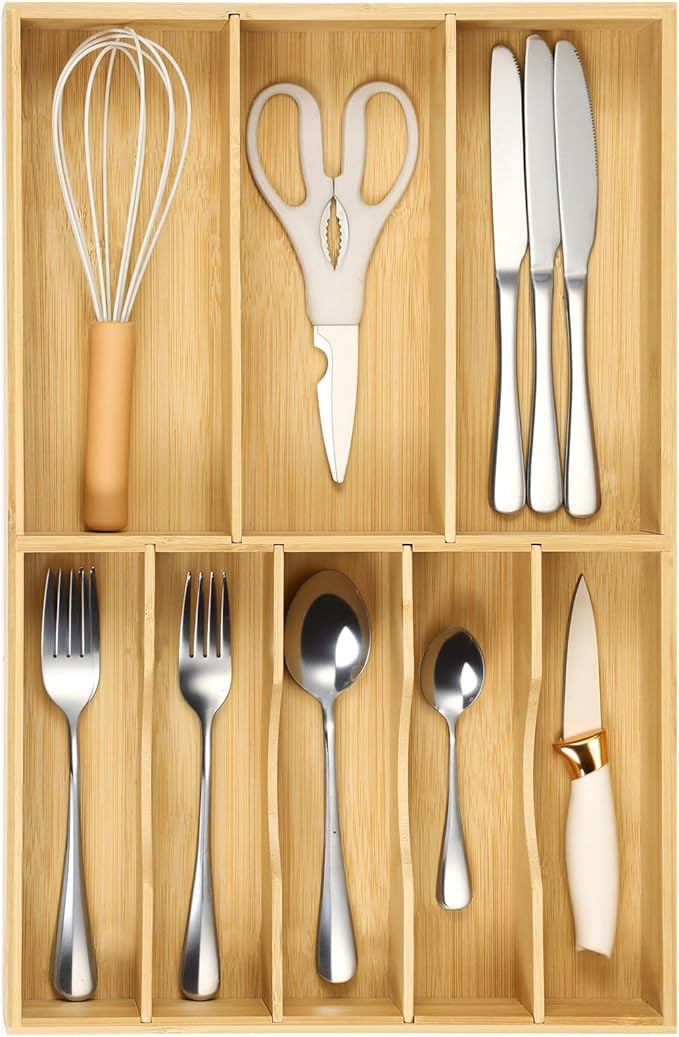 Fabsome Silverware Organizer for Kitchen Drawers, 2.5'' Deep 12.8'' Wide Bamboo Wood Flatware Tra... | Amazon (US)