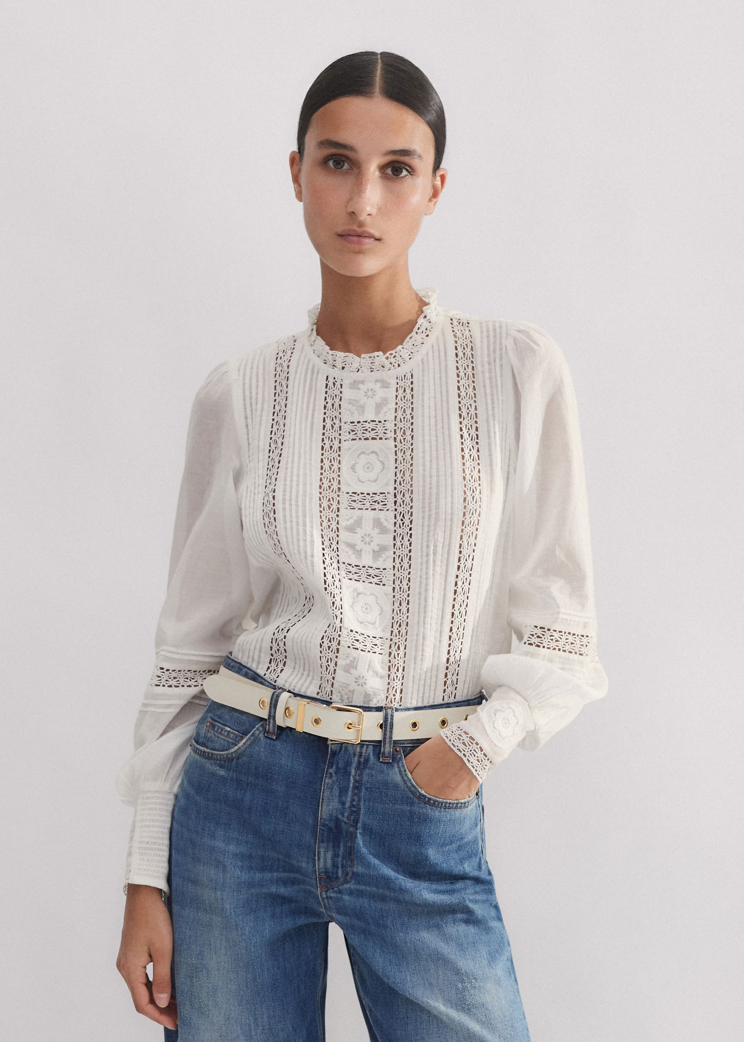 Women's White Cotton Voile Lace Top | ME+EM | ME+EM US