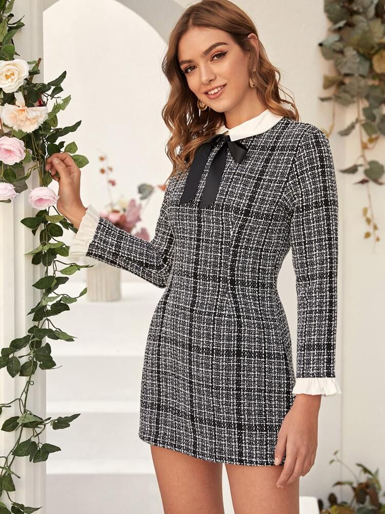 Contrast Collar Tie Front Tweed Fitted Dress | SHEIN