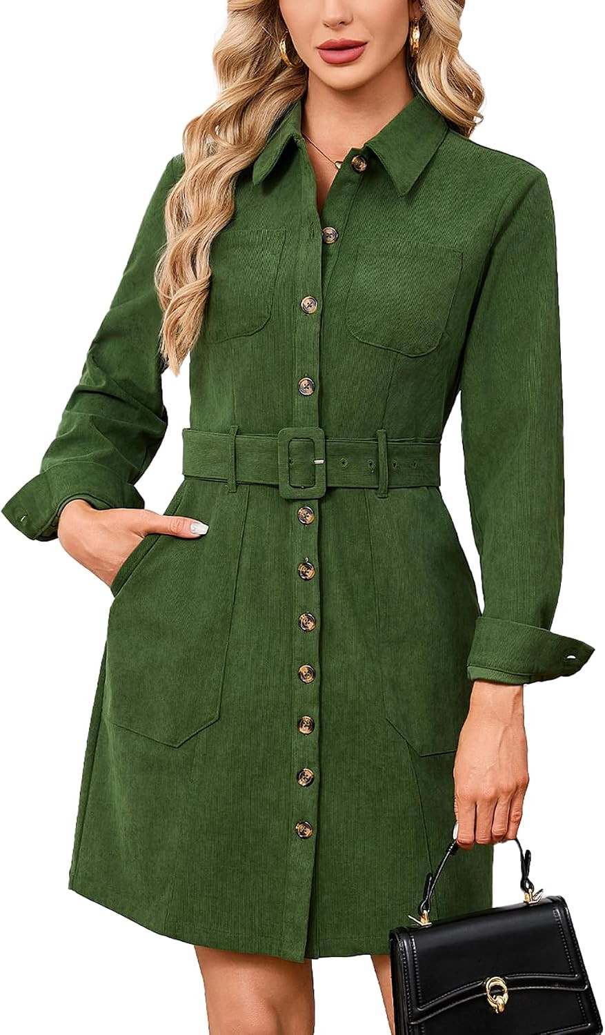 YEXPINE Women's Corduroy Mini Dress Belted Button Down Shirt Dress | Amazon (US)