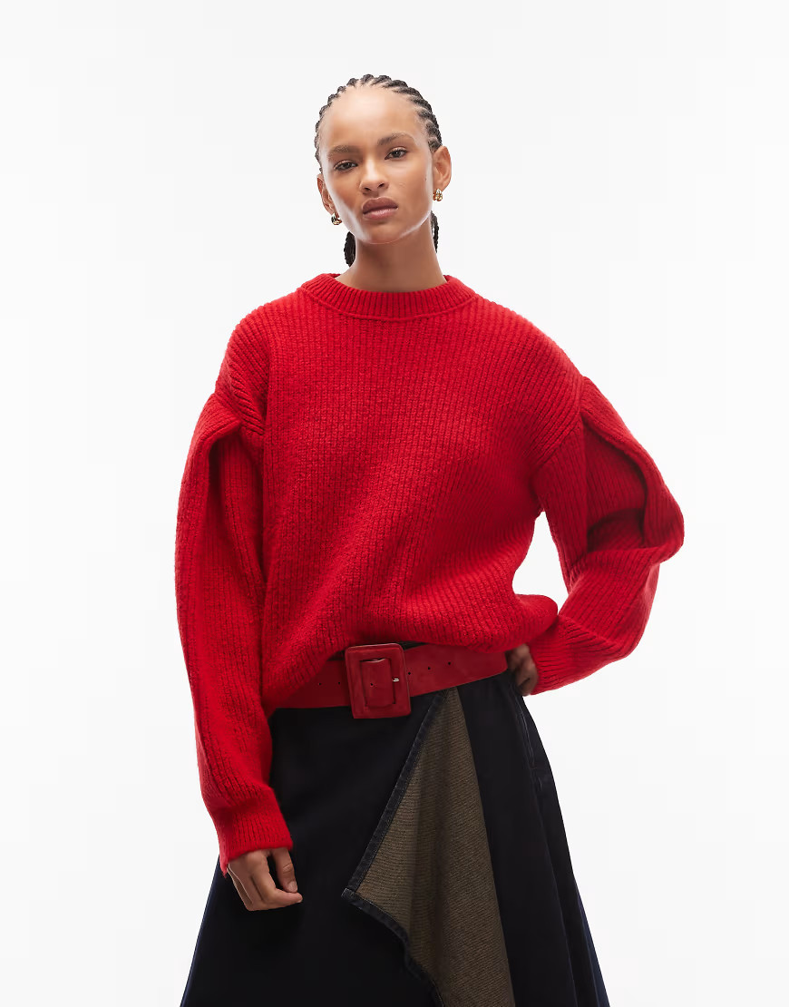 ASOS DESIGN fluffy knitted crew jumper in red | ASOS (Global)