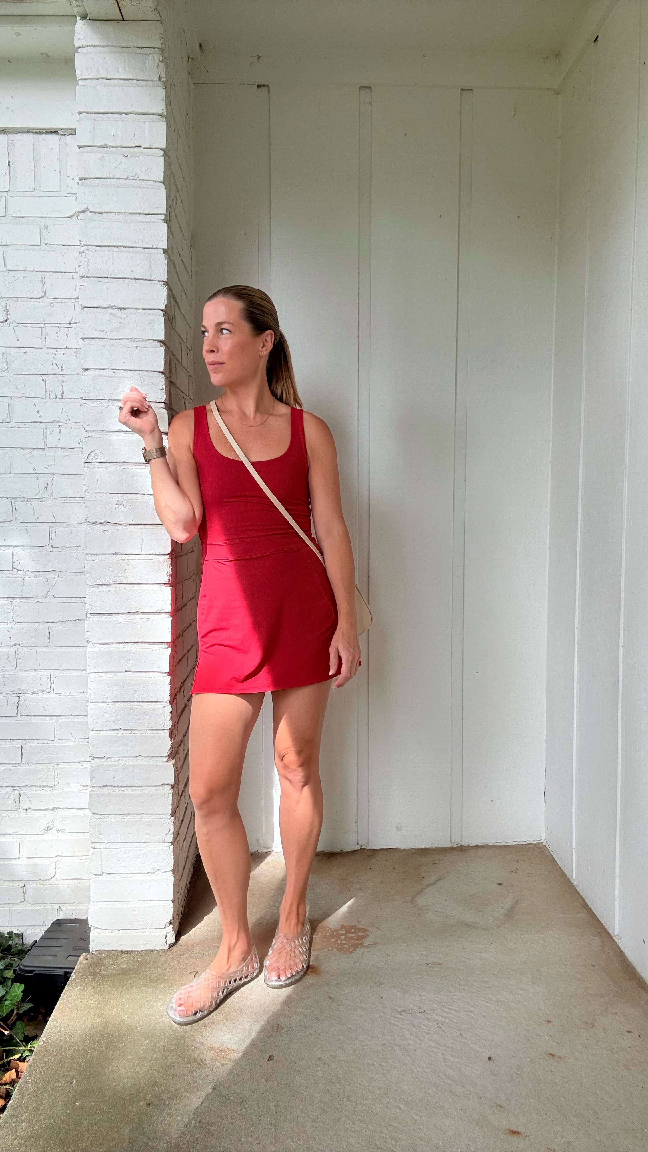 Splits59 dress with built-in shorts. Wearing a small. Jeffrey Campbell clear jelly shoes. Size up if between sizes. 

#golfoutfit #red #jellies #casual #sporty 

#LTKShoeCrush #LTKStyleTip #LTKActive