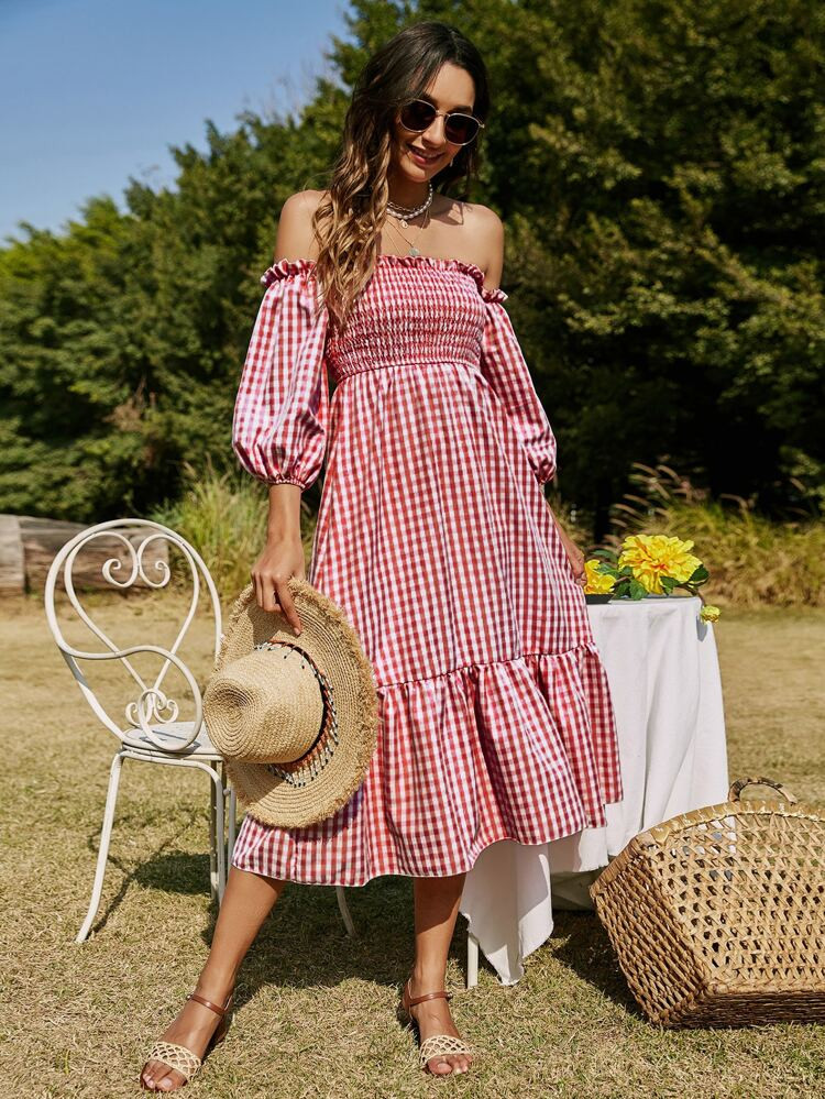 Frill Off Shoulder Shirred Bodice Ruffle Hem Striped Dress | SHEIN