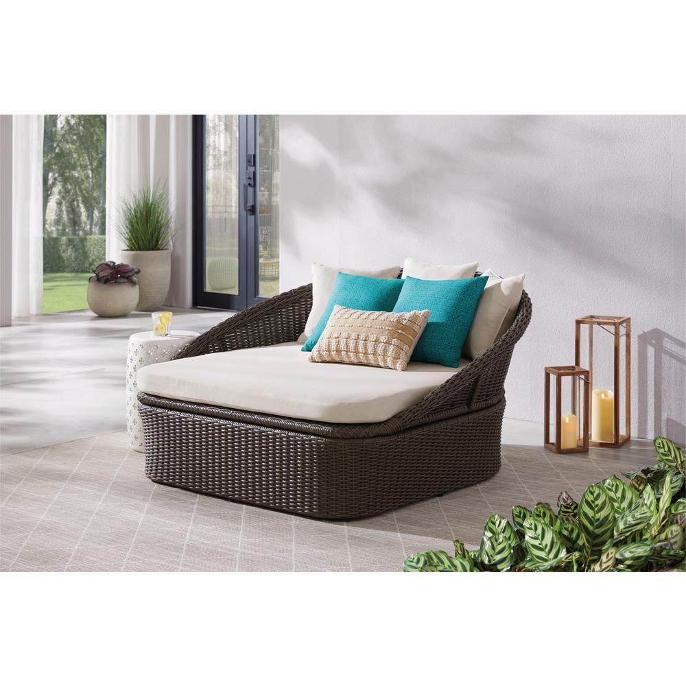 Hampton Bay 2-Person Gray Wicker Outdoor Patio Daybed with Almond Cushion | The Home Depot