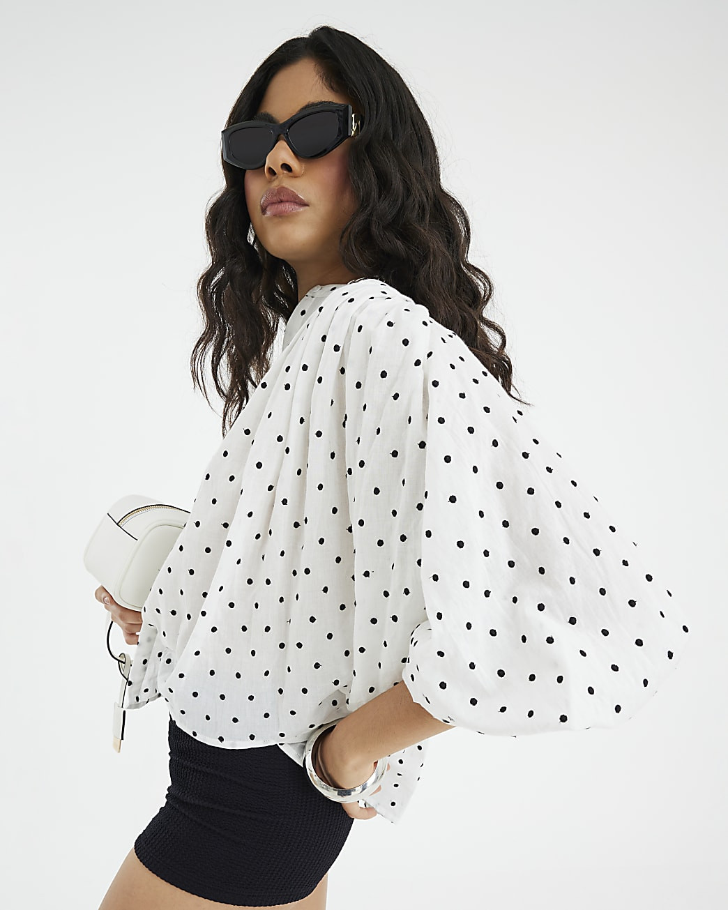 White Long Sleeve Polka Dot Print Blouse | River Island UK & IE
