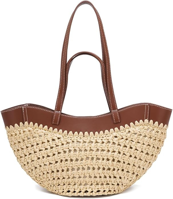 Large Straw Tote Bag for Women, Woven Summer Beach Bag with Leather Trim & Double Straps, Handmad... | Amazon (US)