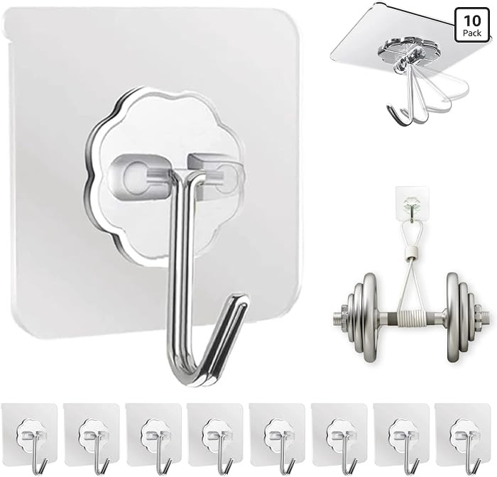 Adhesive Wall Hooks Clear 50lb(Max) Heavy Duty Hanging Sticky-10 Pack | Amazon (US)
