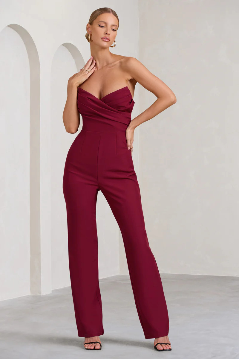 Bellezza  Burgundy Bandeau Corset Wide Leg Jumpsuit | Club L London