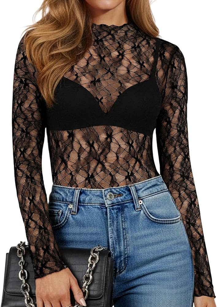 Mesh Long Sleeve Top for Women, Lace Sheer Tops See Through Mock Neck Floral Embroidery Sheer Blo... | Amazon (US)