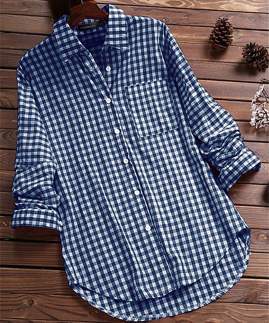 E-Retro Women's Button Down Shirts Navy - Navy Gingham Pocket Hi-Low Button-Up - Women | Zulily