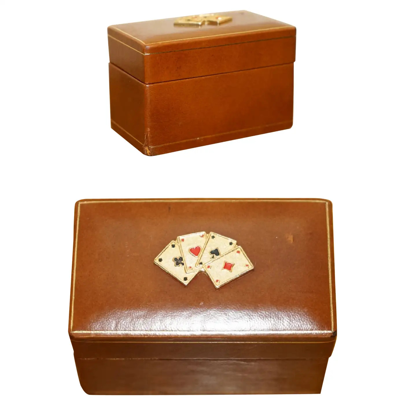 ANTIQUE CIRCA 1920 ART DECO LEATHER CLAD CASE PLAYiNG CARDS SET BRASS CARDS TOp | 1stDibs