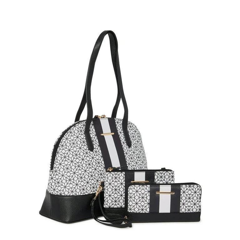 Time and Tru Women's 3 in 1 Satchel Bag 3-Piece Set Black Geometric | Walmart (US)