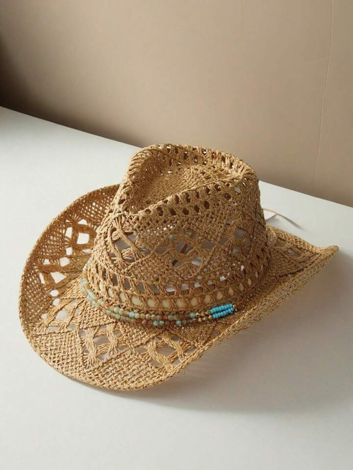 1 Piece Women's Beaded Decoration Cowboy Hat, Summer Sun Protection Outdoor Travel Straw Hat, Cow... | SHEIN