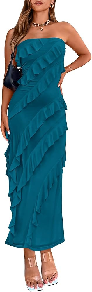 BTFBM Women Summer Elegant Strapless Midi Ruched Bodycon Dress Solid Color Stretch Mesh Slim Part... | Amazon (US)