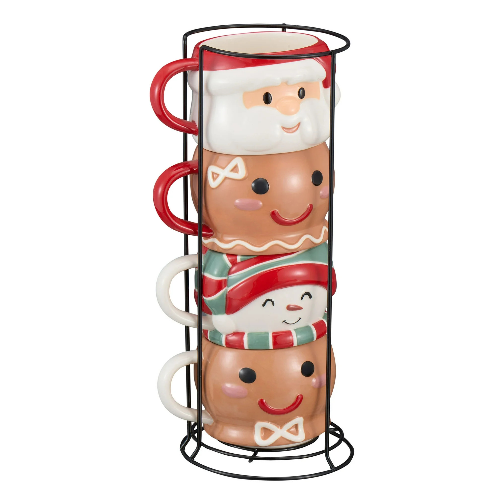 Holiday Time 12oz Holiday Characters Glazed Stoneware Ceramic Stacking Mug Set with Metal Rack | Walmart (US)