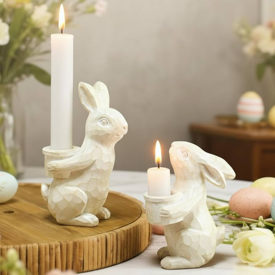 2 Pcs Easter Bunny Candlestick Holders Vintage Rustic Bunny Stick Holders Resin Taper Candle Cent... | Amazon (US)