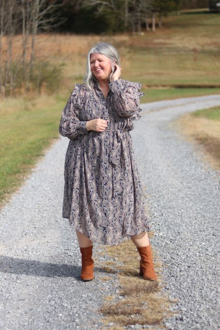 Flowing dress & comfortable suede Vionic booties are a picture perfect holiday outfit. 
Dress wearing XXL (could have sized down); booties TTS

#midsizefashion #midsizeholidayoutfitideas #midsizestyle #plussizestyle 

#LTKshoecrush #LTKcurves #LTKSeasonal