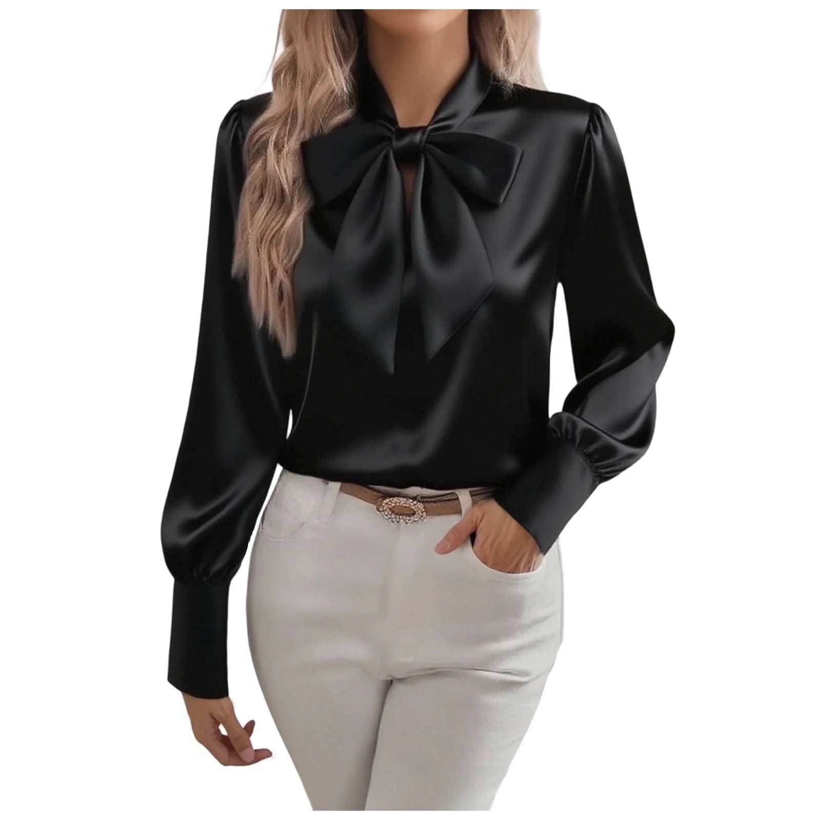 Ahdbta Womens Elegant Silk Blouse Long Sleeve Bow Tie Neck Business Shirts Dressy Casual Office W... | Walmart (US)